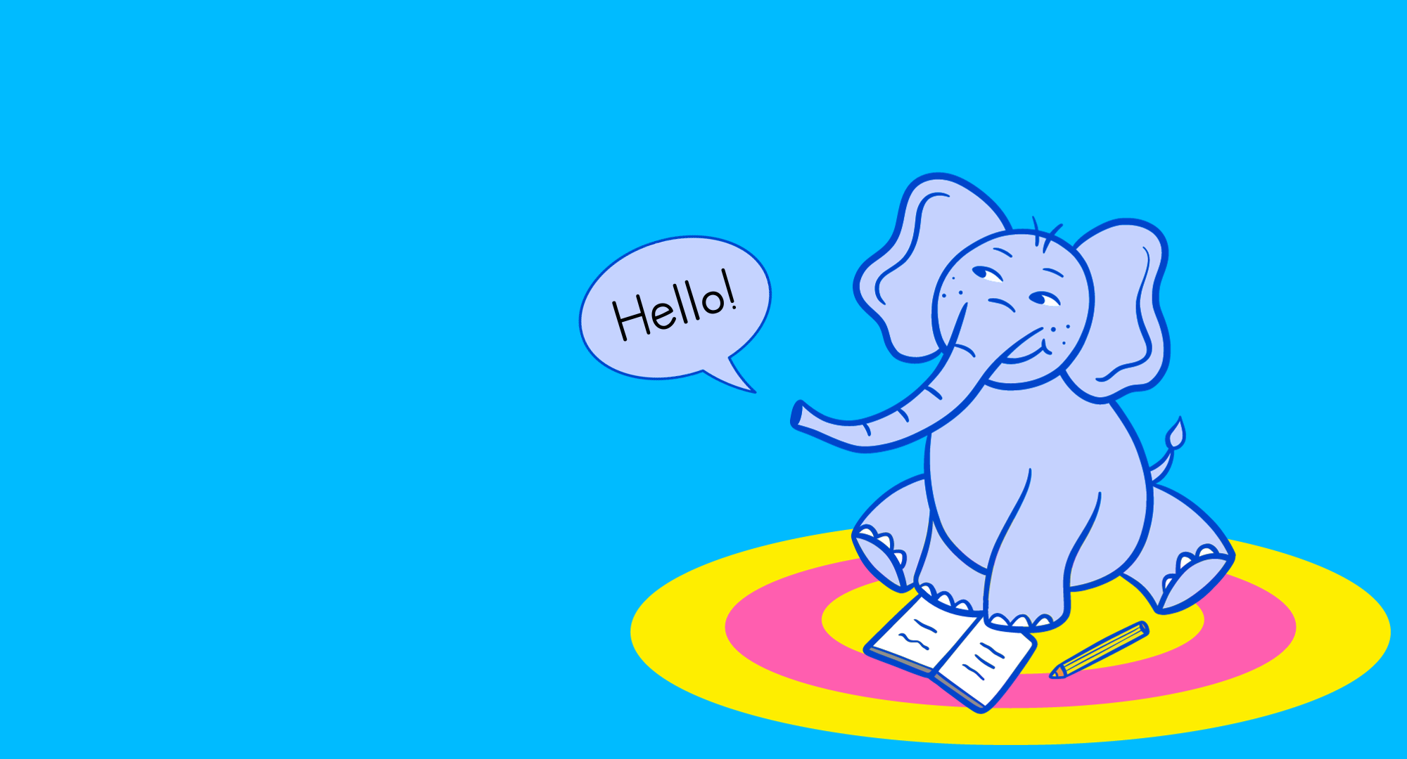 The image shows an elephant cartoon character with a pen and open book. 