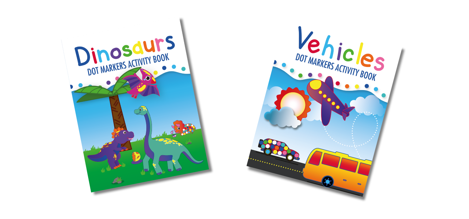 The image shows 2 books sold by blue elephant press. The first is a dinosaur themed dot markers activity book and the second is a vehicle themed dot markers activity book. 